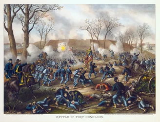 フォアグラウンドの北軍兵士、一部は負傷、一部は南軍の背後での戦闘の画像